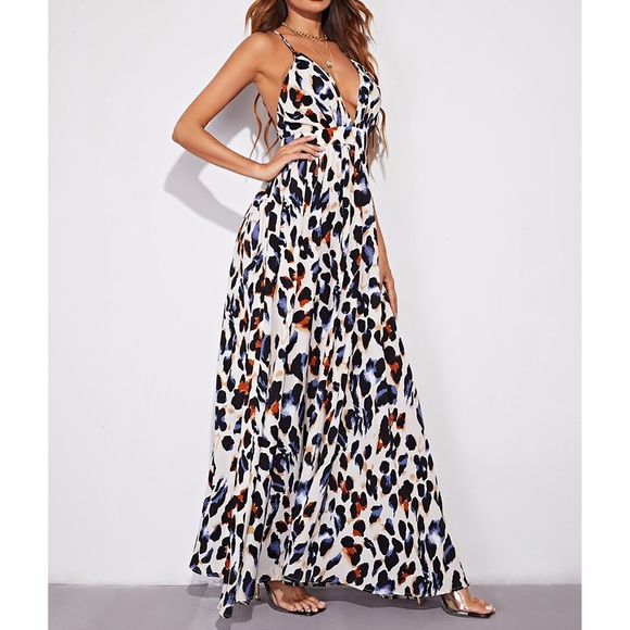 White Black Leopard Print Cross Back Flowy Cami Maxi Dress - Picture 3 of 6